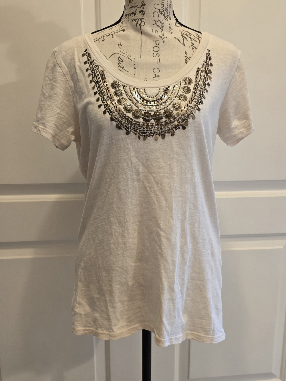 Lucky Brand White Scoop Neck Tee with Metallic Sequin Bib Medium